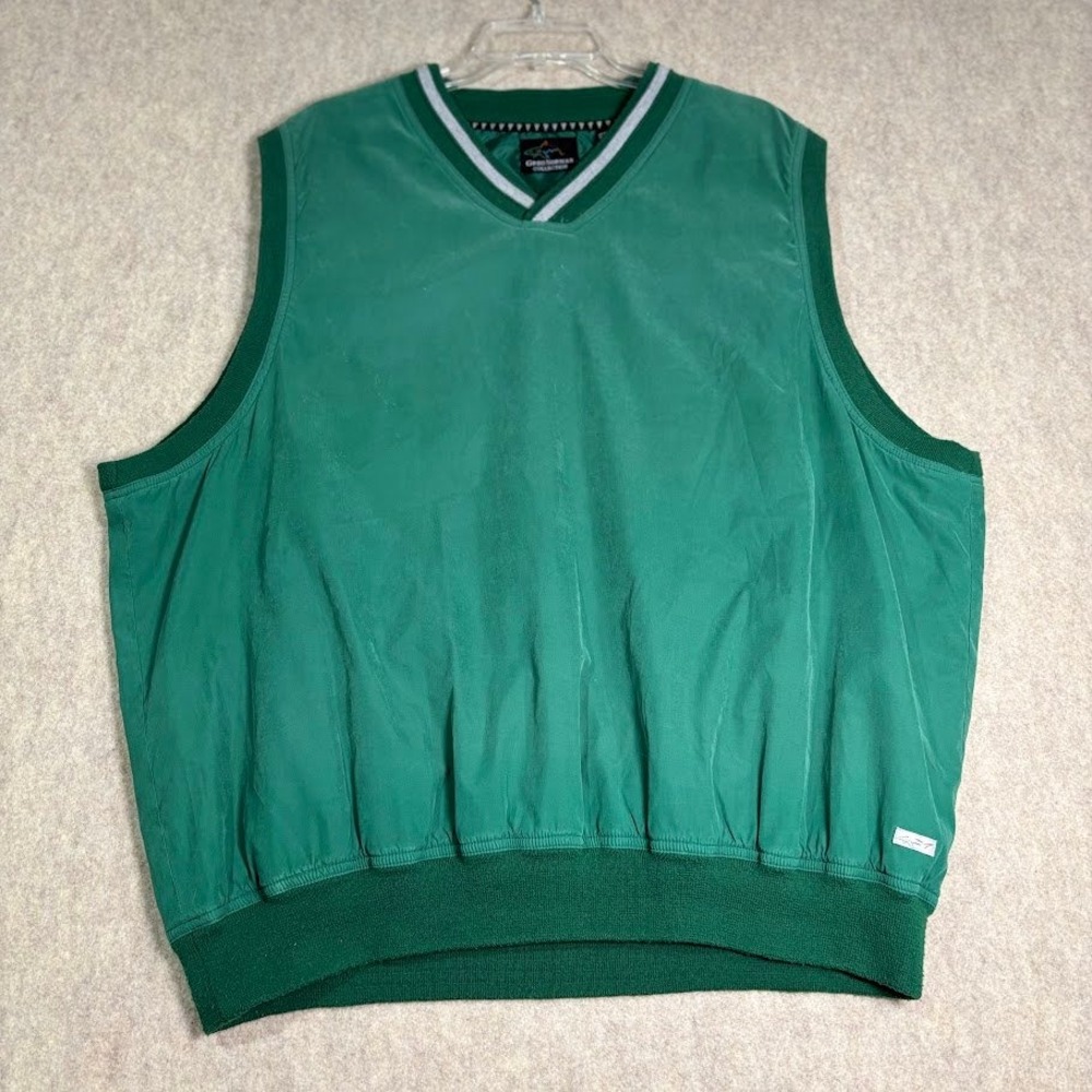 Greg Norman Golf Vest Mns XL Green Polyester Pullover V-Neck Classic Preppy Logo